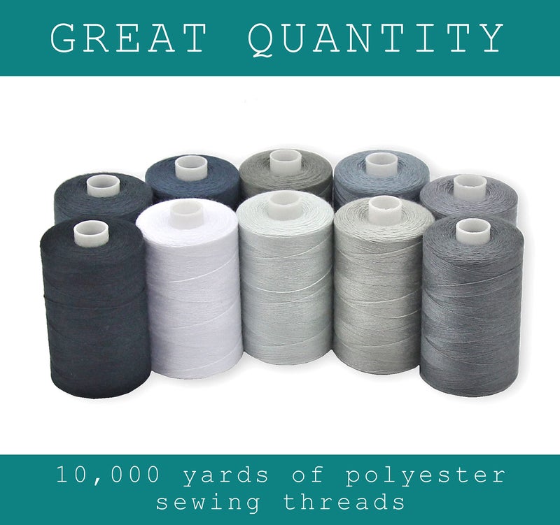 BlesSew Gray Sewing Threads - 10 Large Spools of Polyester Thread for Hand, Quilting & Sewing Machine - Grey Shades Plus Black & White - 1000 Yards Per Spool - Image 2